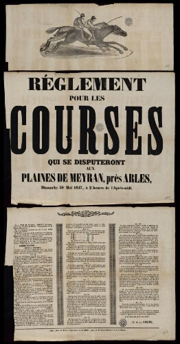 Règlement pour les courses qui se disputeront aux plaines de Meyran, près Arles, dimanche 30 mai 1847, à 2 heures de l'après-midi / Préfecture des Bouches-du-Rhône