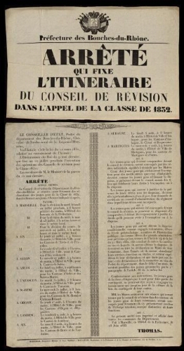 Arrêté qui fixe l'itinéraire du conseil de révision dans l'appel de la classe de 1832 / Préfecture des Bouches-du-Rhône