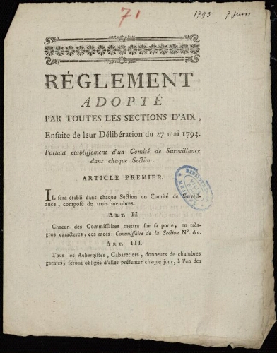 Règlement adopté par toutes les sections d'Aix, ensuite de leur délibération du 27 mai 1793. Portant établissement d'un comité de surveillance dans chaque section