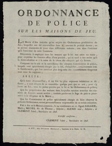 Ordonnance de police sur les maisons de jeu / [Mairie d’Aix]