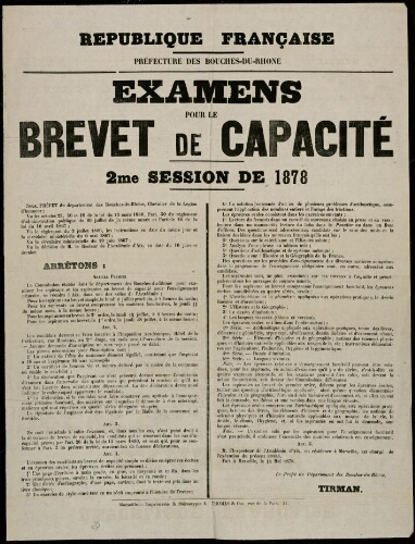 Examens pour le brevet de capacité. 2ème session de 1878 / Préfecture des Bouches-du-Rhône