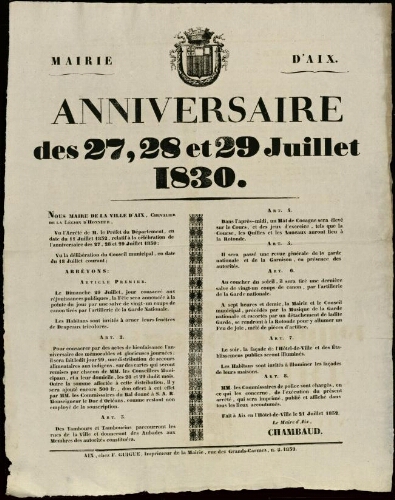 Anniversaire des 27, 28 et 29 juillet 1830 / Mairie d'Aix