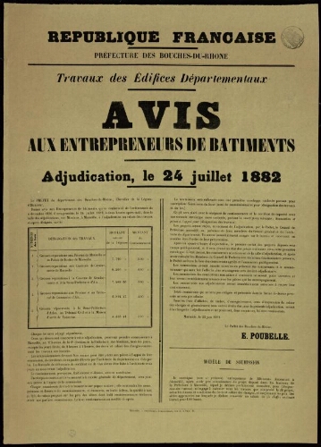 Travaux des édifices départementaux : avis aux entrepreneurs de bâtiments. Adjudication, le 24 juillet 1882 / Préfecture des Bouches-du-Rhône