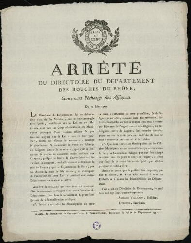 Arrêté du Directoire du Département des Bouches-du-Rhône, concernant l'échange des assignats
