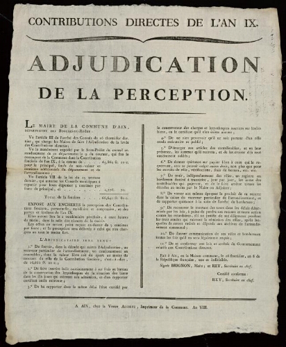 Adjudication de la perception ; Contributions directes de l'an IX / Brignon, Maire ; Daime, adjoint