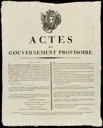 Actes du gouvernement provisoire / Préfecture des Bouches-du-Rhône