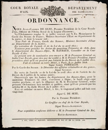 Ordonnance / Cour royale d'Aix. Département des Basses-Alpes