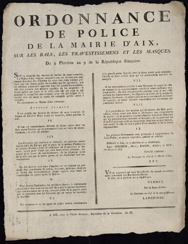 Ordonnance de police... sur les bals, les travestissements et les masques / Mairie d'Aix