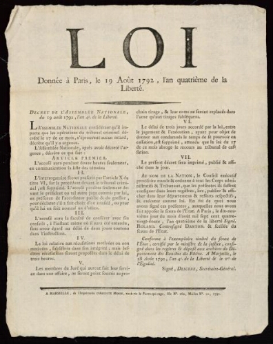 Loi donnée à Paris, le 19 août 1792, l'an quatrième de la liberté