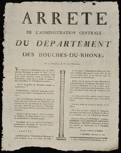 Arrêté de l'Administration centrale du département des Bouches-du-Rhône