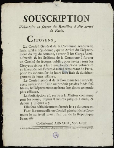 Souscription volontaire en faveur du bataillon d'Aix arrivé de Paris / Conseil général de la commune d'Aix