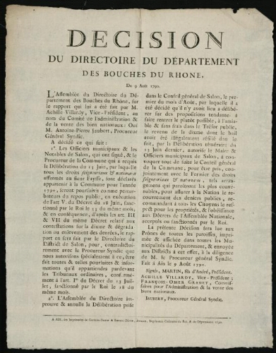 Decision du Directoire du département des Bouches du Rhône