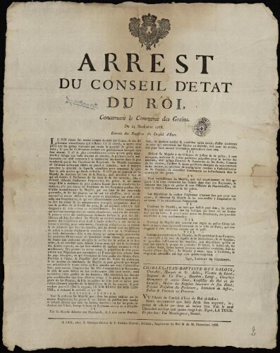 Arrest du Conseil d'État du roi, concernant le commerce des grains. Du 23 novembre 1788. Extrait des registres du Conseil d'État