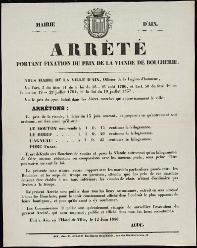 Arrêté portant fixation du prix de la viande de boucherie / Mairie d'Aix