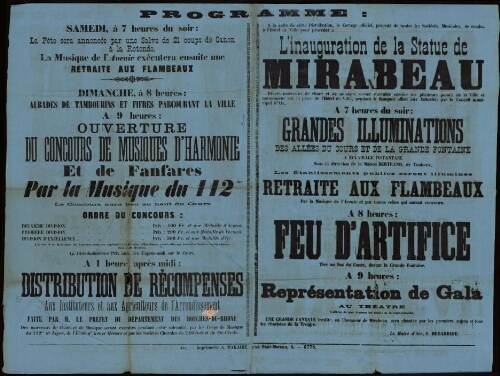 Fête donnée, le 17 décembre 1876, à l'occasion de l'inauguration de la statue de Mirabeau. Programme / Mairie d'Aix