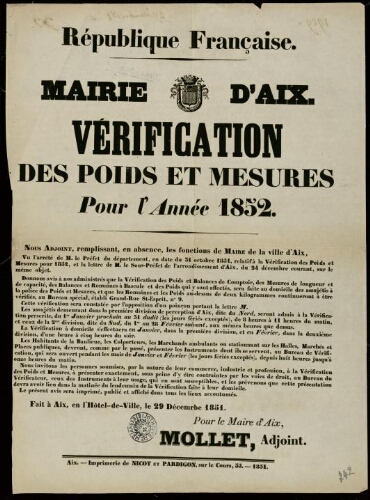 République française. Vérification des poids et mesures pour l'année 1852 / Mairie d'Aix
