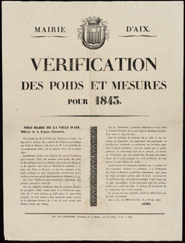 Vérification des poids et mesures pour 1843 / Mairie d'Aix