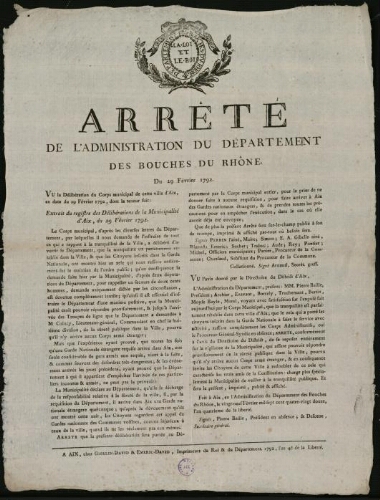 Arrêté de l'administration du département des Bouches du Rhône. Du 29 février 1792