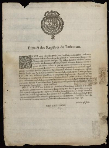 Extraict des registres du Parlement. Acte ordonnant l'enregistrement de lettres patentes du Roi donné à Paris en avril 1612