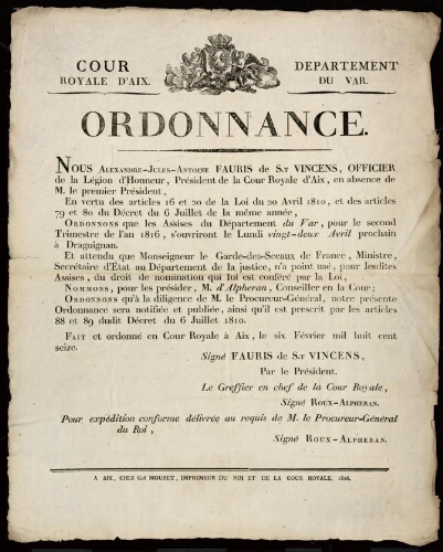 Ordonnance. En vertu des articles 16 et 20 de la Loi du 20 avril 1810... / Cour royale d'Aix