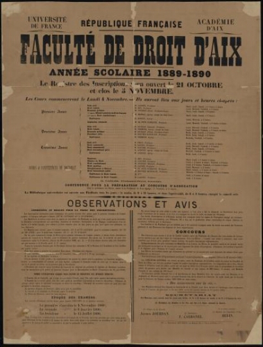 Faculté de Droit d'Aix. Année scolaire 1889-1890
