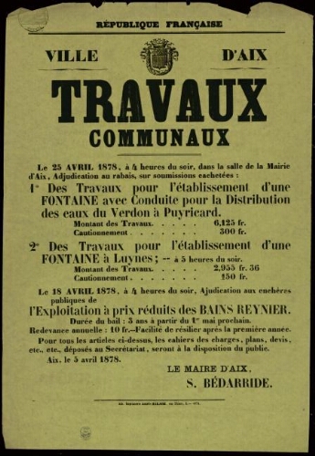 Travaux communaux  [adjudication du 25 avril 1878] / Ville d’Aix