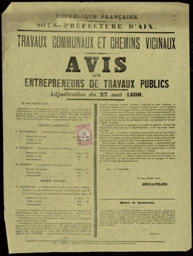 Travaux communaux et chemins vicinaux : avis aux entrepreneurs de travaux publics. Adjudication du 27 mai 1880 / Sous-préfecture d'Aix