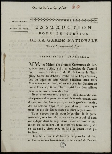 Instruction pour le service de la Garde nationale dans l'arrondissement d'Aix