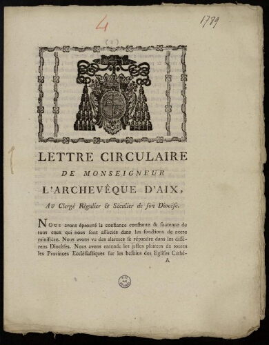 Lettre circulaire de Monseigneur l'archevêque d'Aix, au Clergé régulier et séculier de son diocèse