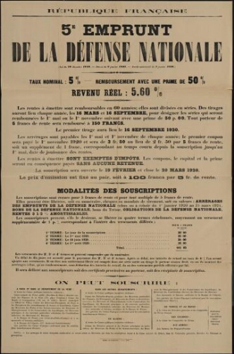 5e Emprunt de la Défense nationale... Souscription ouverte du 19 février au 20 mars 1920 / [Ministère des finances] (bis)