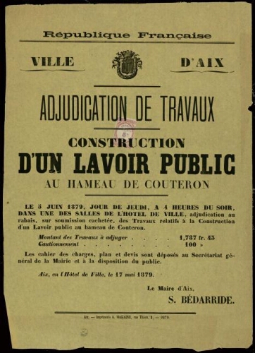Adjudication de travaux : construction d’un lavoir public au hameau de Couteron / Ville d’Aix
