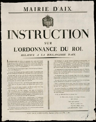 Instruction sur l'ordonnance du roi, relative à la boulangerie d'Aix / Mairie d'Aix