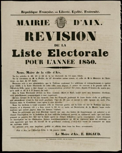 République française. Liberté, égalité, fraternité... Révision de la liste électorale pour l'année 1850 / Mairie d'Aix
