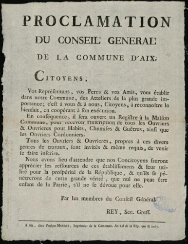 Proclamation du Conseil Général de la Commune d'Aix