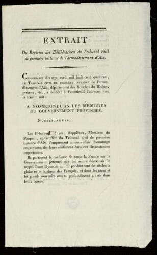 Extrait du registre des délibérations du tribunal civil de première instance de l’arrondissement d'Aix