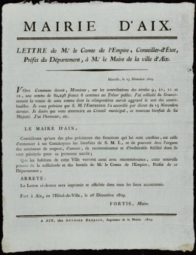 Lettre de Mr. Le Comte de l'Empire, Conseiller-d'Etat, Préfet du département, à Mr. Le Maire de la ville d'Aix / Mairie d'Aix