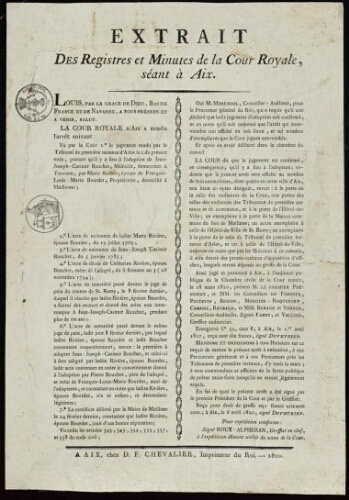 Extrait des registres et minutes de la Cour royale, séant à Aix / Cour royale d'Aix