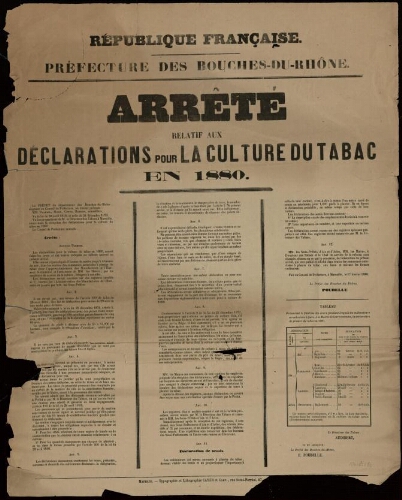 Arrêté relatif aux déclarations pour la culture du tabac en 1880 / Préfecture des Bouches-du-Rhône
