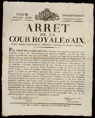 Arrêt de la Cour royale d'Aix, contre Joseph-François-Marius Trussy, convaincu de discours séditieux