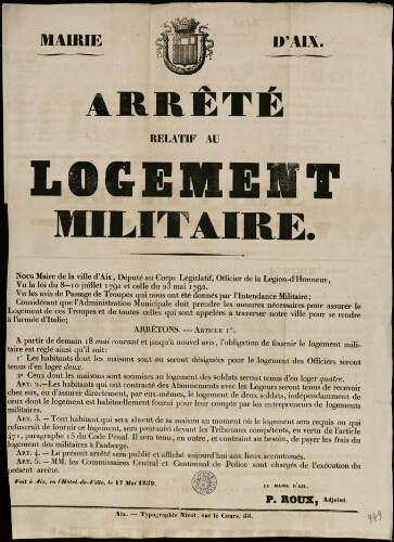 Arrêté relatif au logement militaire / Mairie d'Aix