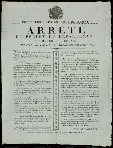 Arrêté du préfet du département des Bouches-du-Rhône, relatif aux colporteurs, marchands ambulants, etc.