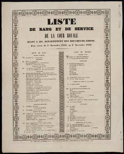 Liste de rang et de service de la Cour royale séant à Aix, département des Bouches-du-Rhône...