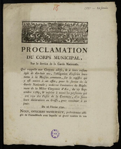 Proclamation du corps municipal, sur le service de la Garde nationale / [Mairie d’Aix]