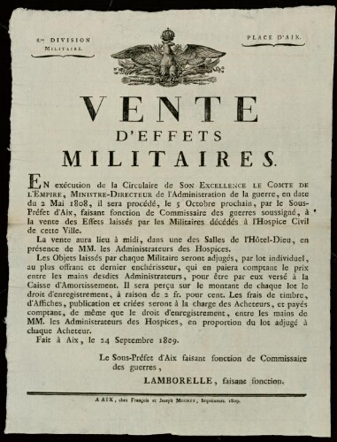Vente d'effets militaires / Sous-préfecture d'Aix