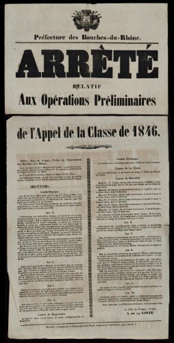 Arrêté relatif aux opérations préliminaires de l'appel de la classe de 1846 / Préfecture des Bouches-du-Rhône