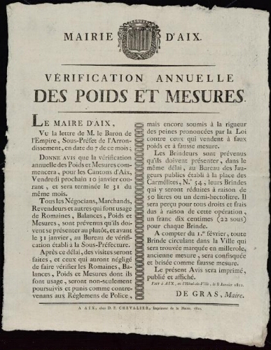 Vérification des poids et mesures / Mairie d'Aix