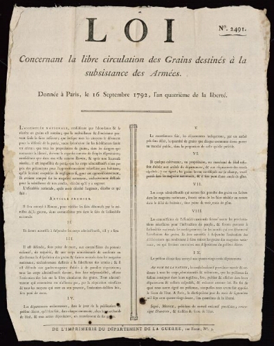 Loi concernant la circulation des grains destinés à la subsistance des armées. Donnée à Paris, le 16 septembre 1792, l'an quatrième de la liberté