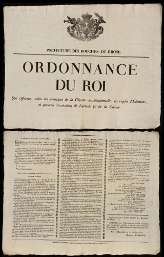 Ordonnance du roi qui réforme, selon les principes de la charte constitutionnelle, les règles d'élections, et prescrit l'exécution de l'article 46 de la Charte / Préfecture des Bouches-du-Rhône
