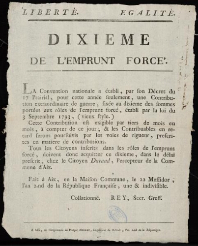 Dixieme de l'emprunt forcé / Conseil général de la Commune d'Aix