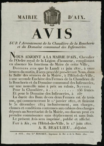 Avis sur l'arrentement de la chaudière de la Boucherie et du domaine communal des Infirmeries / Mairie d'Aix